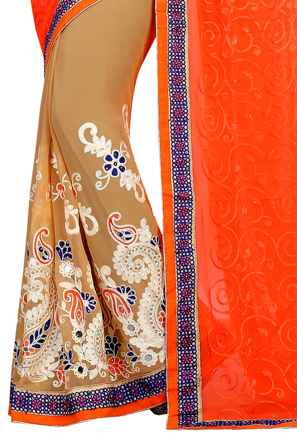 Embroidered Half-half Saree - Georgette, 5.5 M Length, Orange & Beige Color | Features Stone Closure, Perfect For Party Wear And Festivals