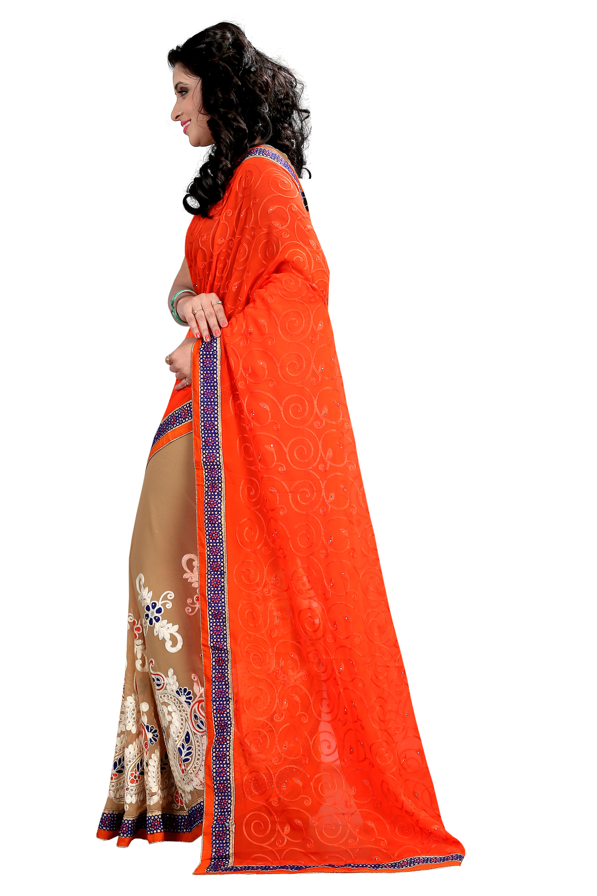 Embroidered Half-half Saree - Georgette, 5.5 M Length, Orange & Beige Color | Features Stone Closure, Perfect For Party Wear And Festivals