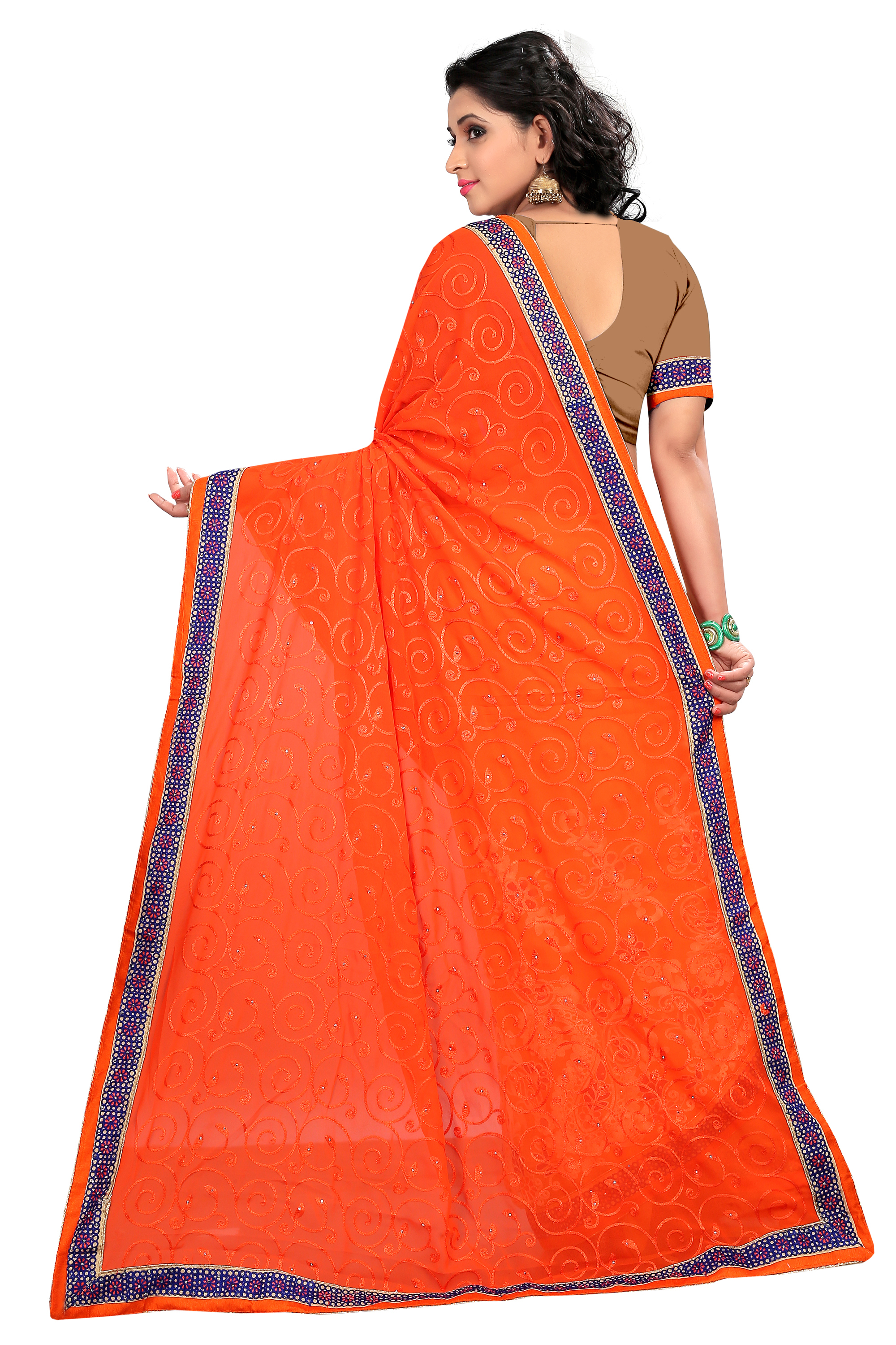 Embroidered Half-half Saree - Georgette, 5.5 M Length, Orange & Beige Color | Features Stone Closure, Perfect For Party Wear And Festivals
