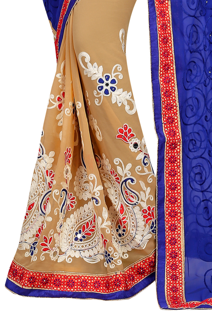 Embroidered Georgette Half-half Saree - 5.5 M Long, Blue & Beige Color | Stone Work, Perfect For Party And Festival Wear