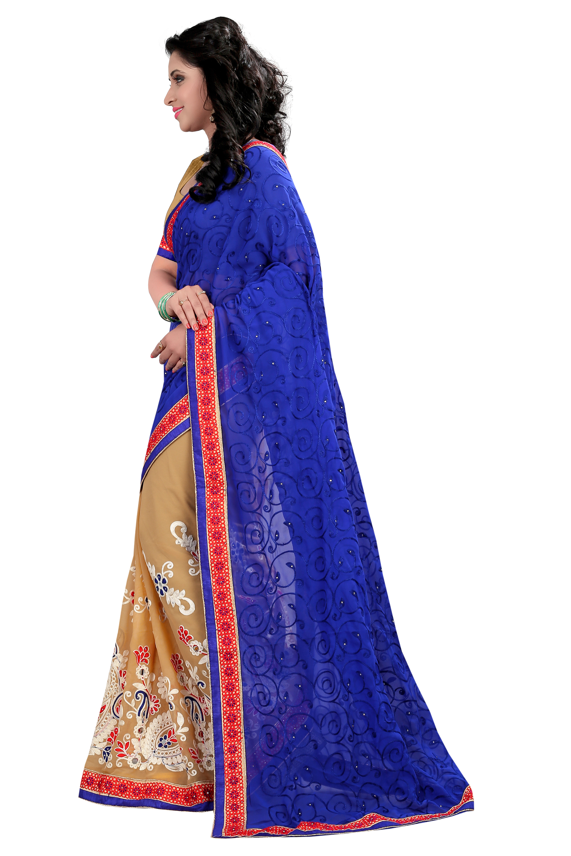 Embroidered Georgette Half-half Saree - 5.5 M Long, Blue & Beige Color | Stone Work, Perfect For Party And Festival Wear