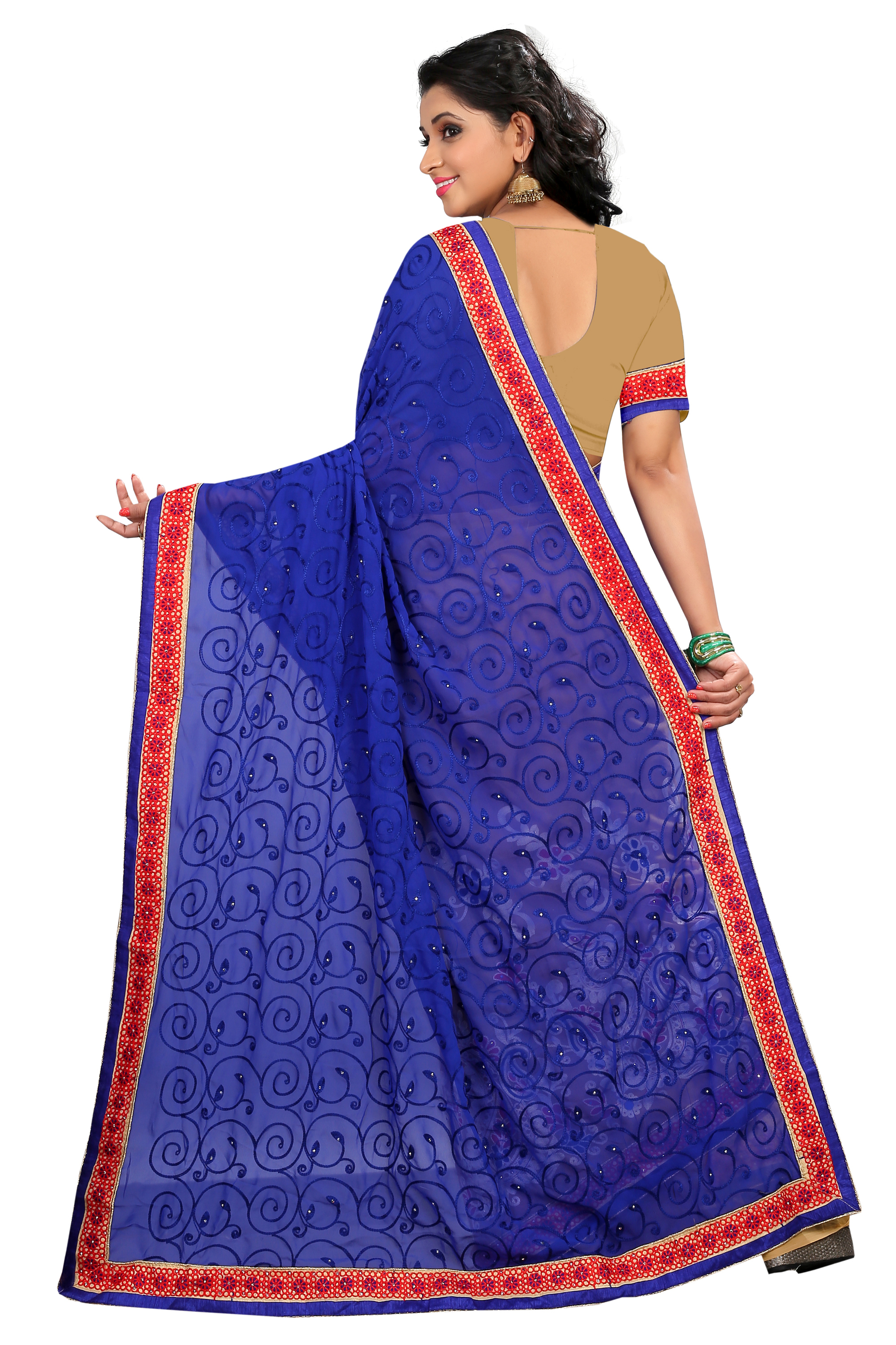 Embroidered Georgette Half-half Saree - 5.5 M Long, Blue & Beige Color | Stone Work, Perfect For Party And Festival Wear