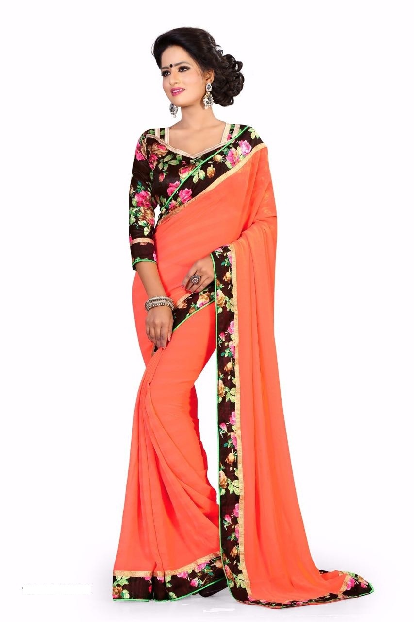 Designer Printed Saree - Soft Silk, 5.5m X 1.1m, Pink, Velvet Border | Attached Blouse, Floral Print, Elegant Design, Comfortable Wear