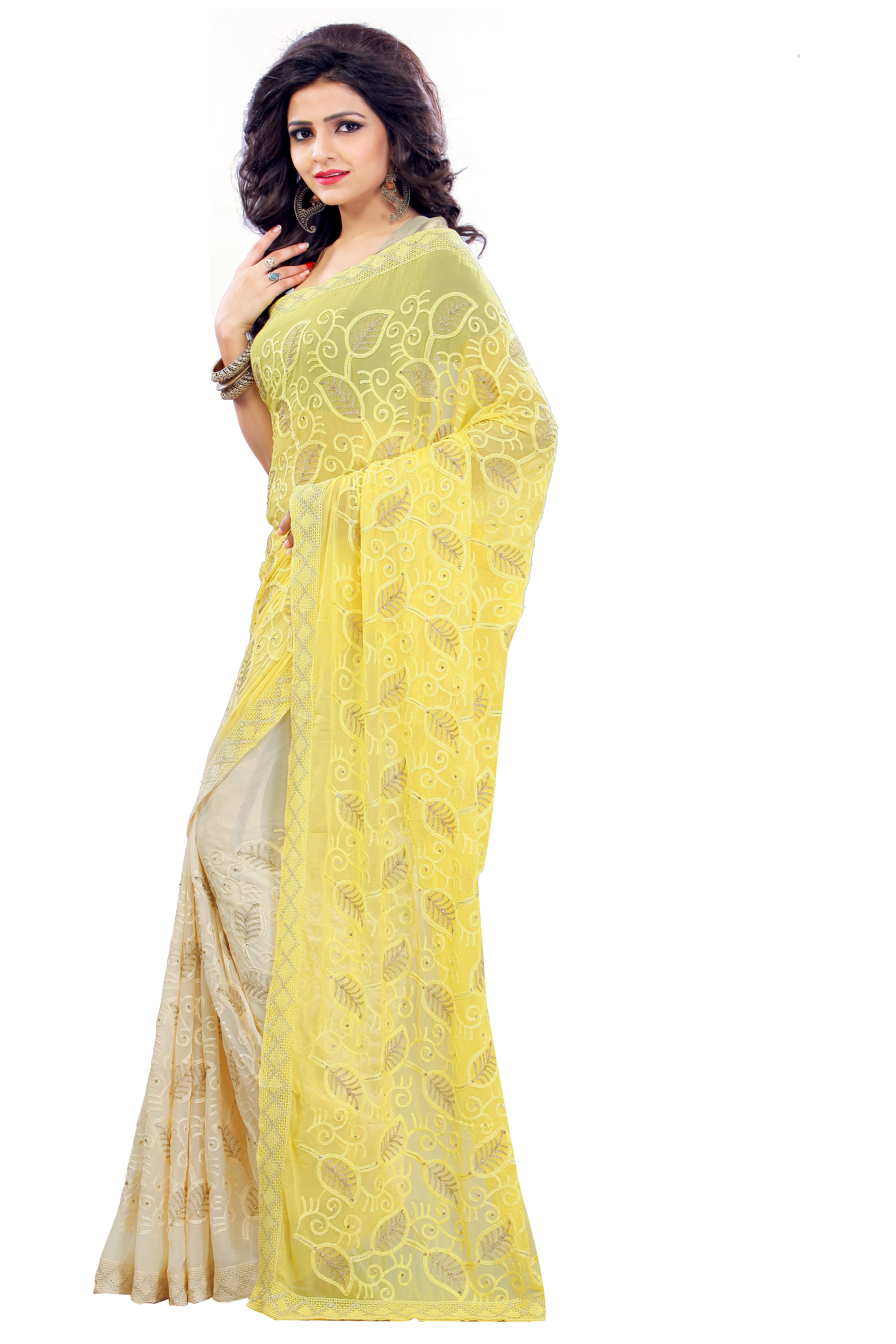 Yellow Fancy Work Sarees