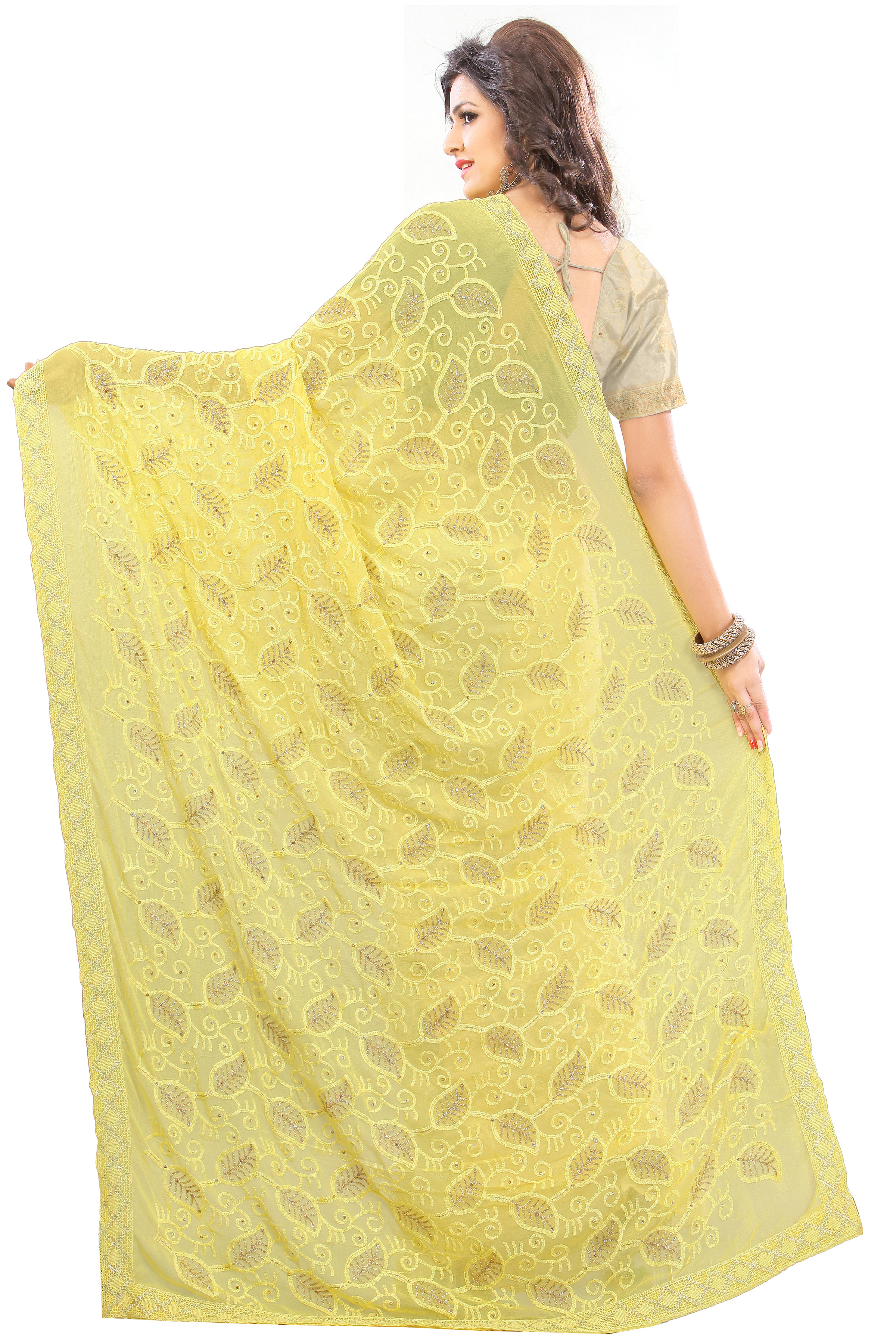 Yellow Fancy Work Sarees