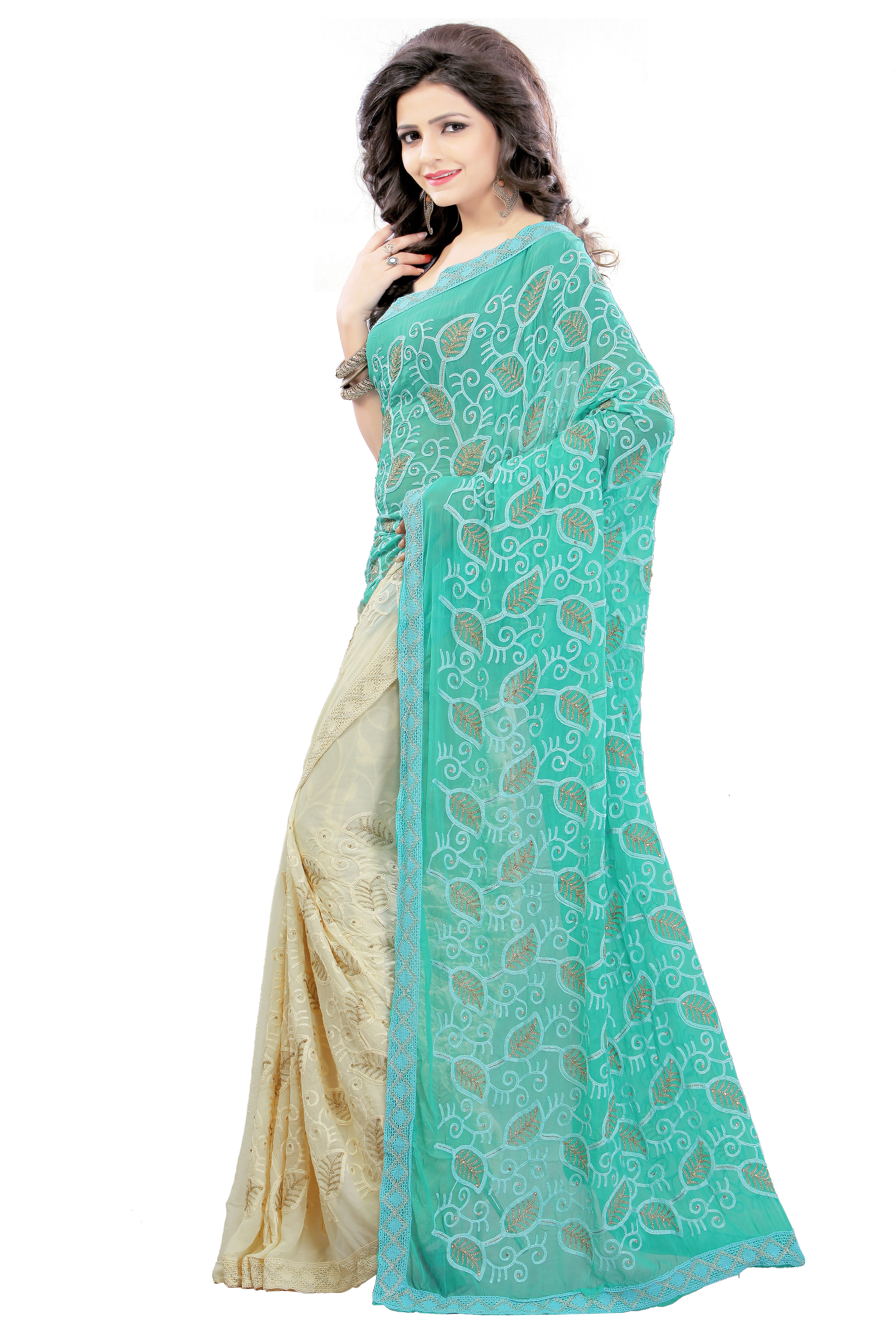Aqua And Beige Designer Saree