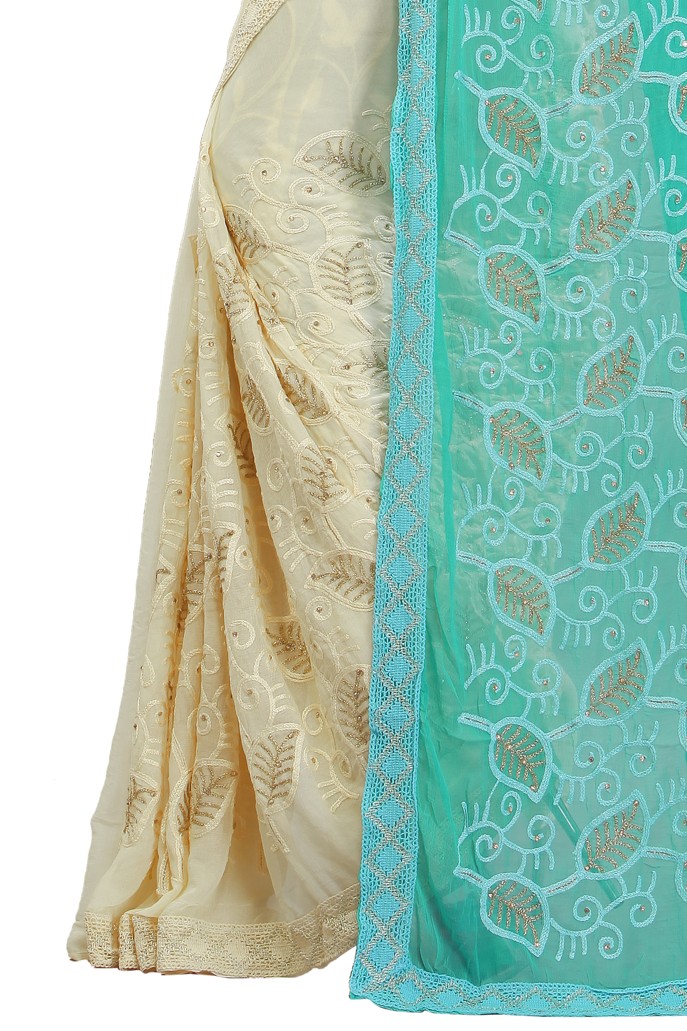 Aqua And Beige Designer Saree