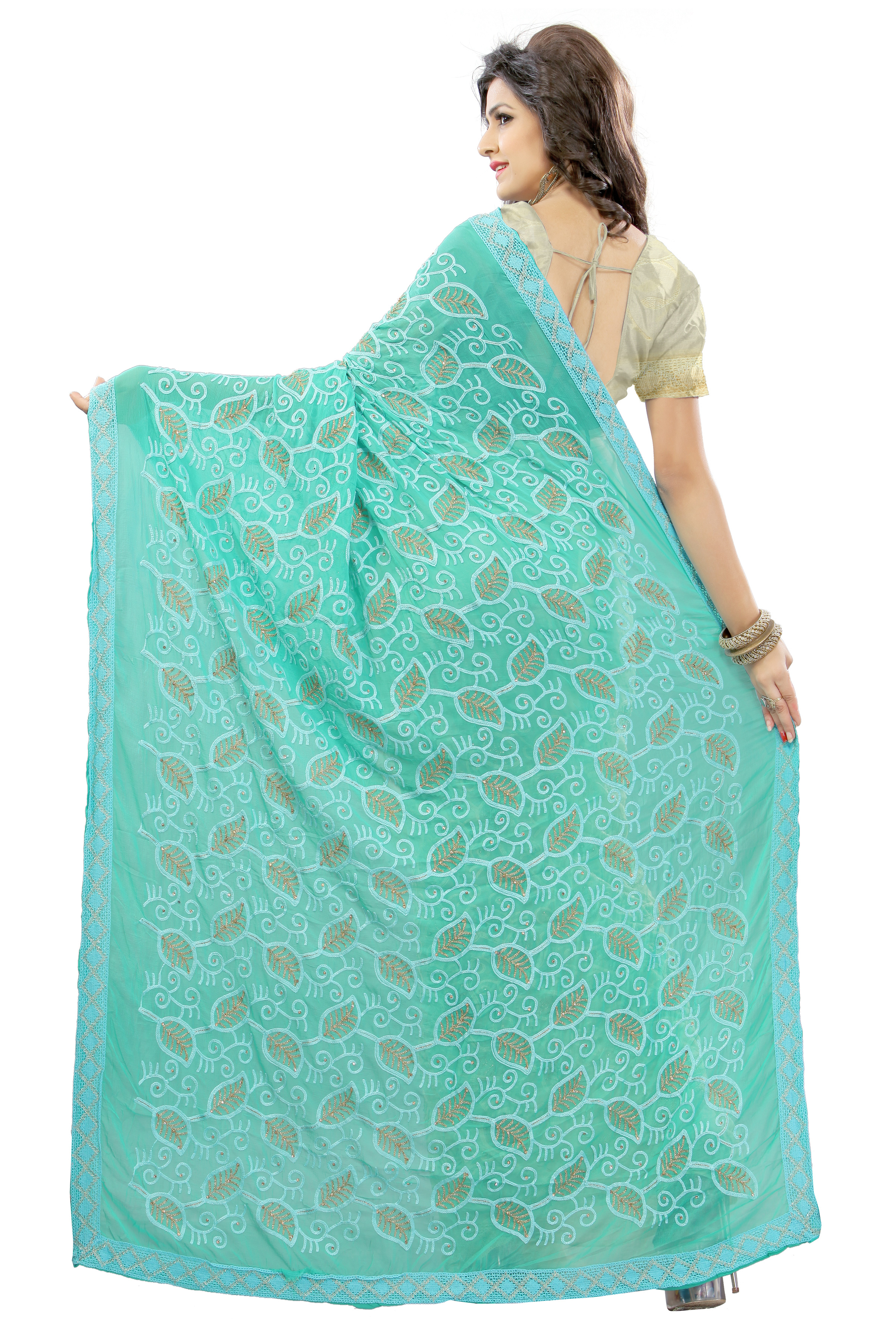Aqua And Beige Designer Saree