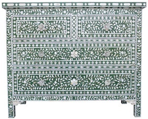 Handmade Black & White Floral Bone Inlay Chest Of Drawers