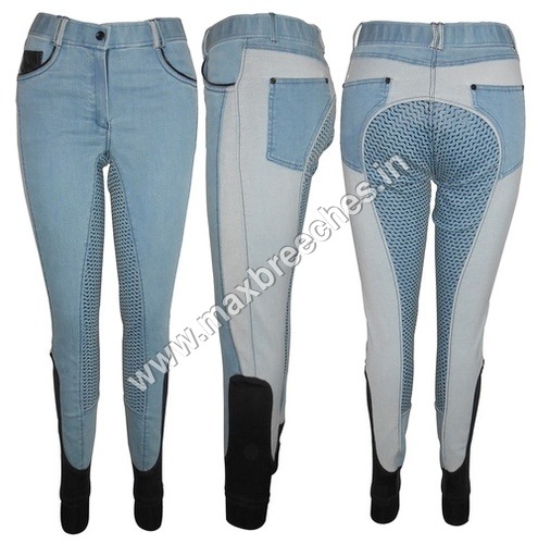 Denim Silicon Full Seat Breech - Cotton and Spandex Blend, Grey/Blue Color with Leather Trim Pockets and Comfortable Bottom Socks for Winter Riding