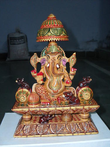 Ganesh Wooden Statue - Antique Imitation Carved Wood, Exceptional for Arts and Crafts, Elegant Home Decoration