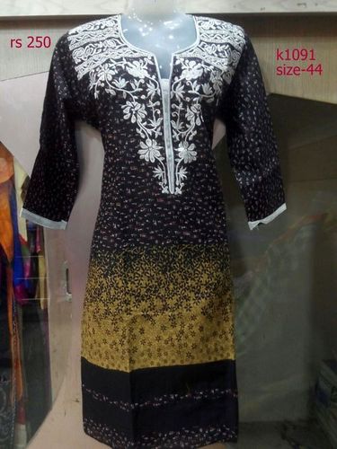 Ladies Kurti - Cotton, Large to XXL, White, Black, Yellow | Breathable, Cool Pass, Washable, 3-4th Sleeve, Printed, Casual Wear