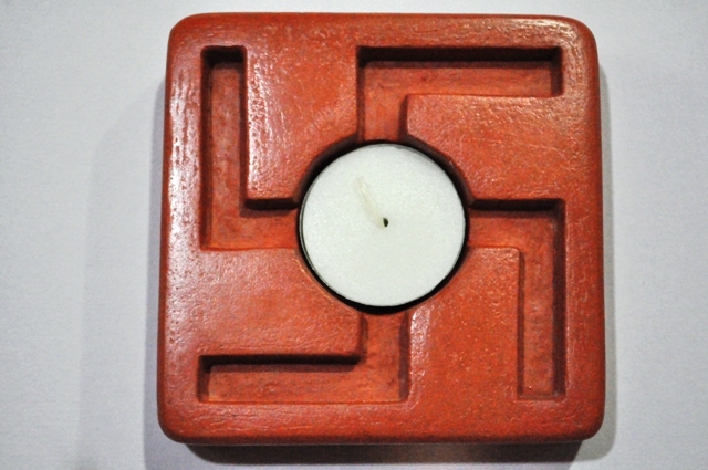 Swastik Candle Holder - Colored Cement, 10cm X 10cm X 2.5cm | Handmade, Unique Variations, Eco-friendly, Modern Arts Design, Ideal For Gifting