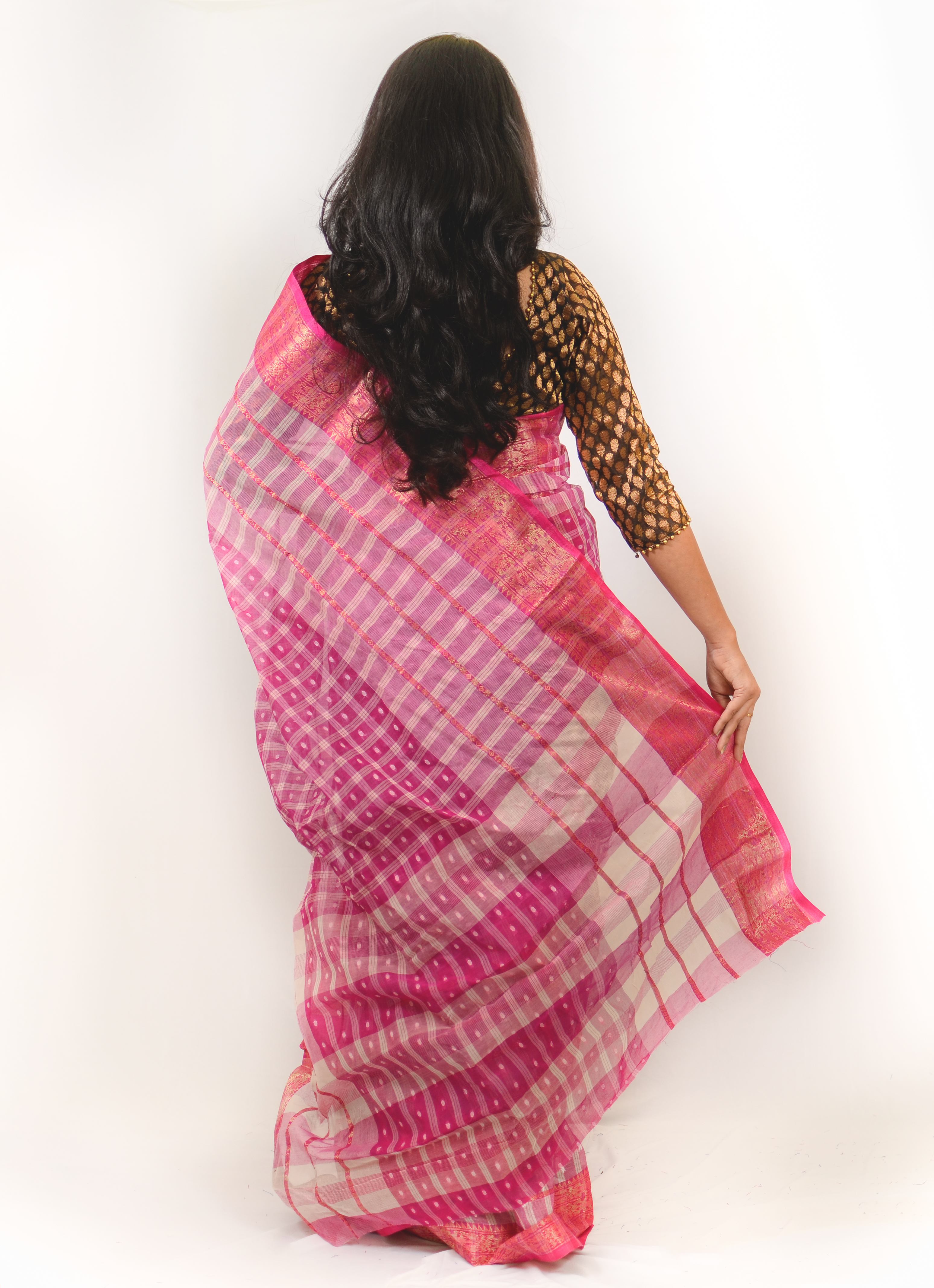 Check Square Saree - Cotton Material, Checked Pattern With Intricate Thread Work | Lightweight, Shrink Resistant, Stylish Embroidery