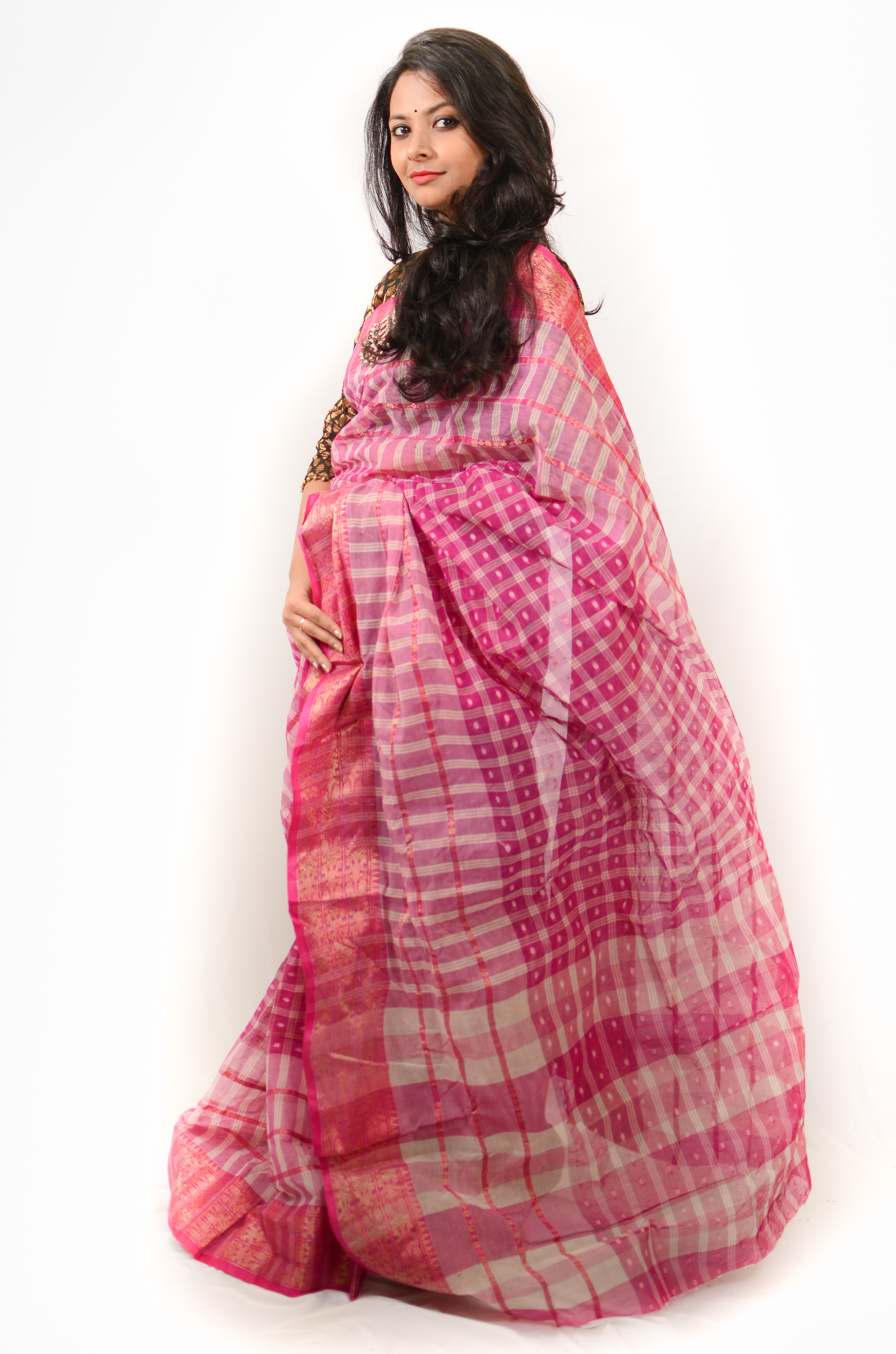 Check Square Saree - Cotton Material, Checked Pattern With Intricate Thread Work | Lightweight, Shrink Resistant, Stylish Embroidery