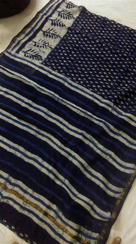 Dabu Printed Indigo Chanderi Saree