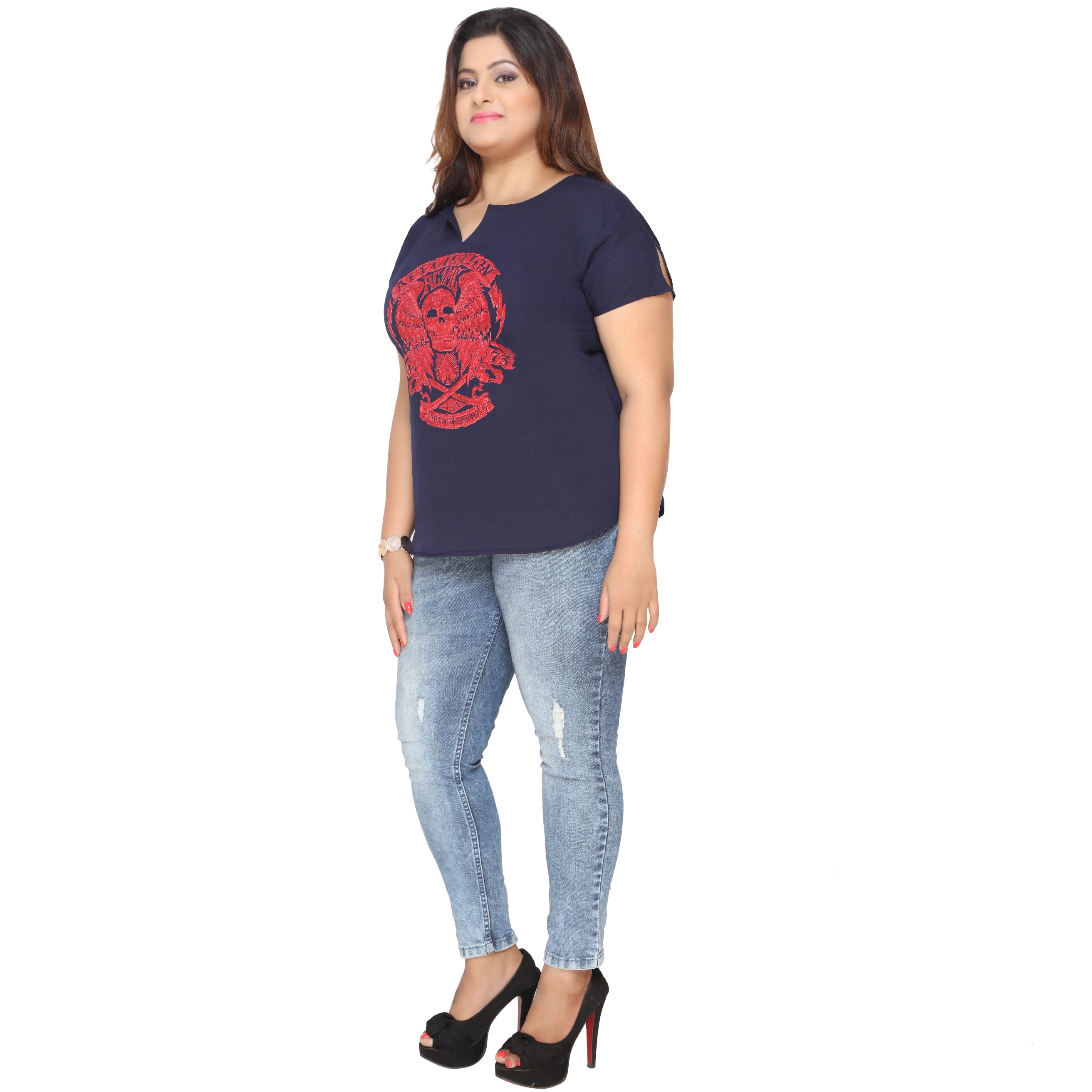 Plus Size Crepe Kurti - Navy With Red Embroidery, Round Neck, Hip Length | Elegant Design, Comfortable Fabric, Short Sleeves