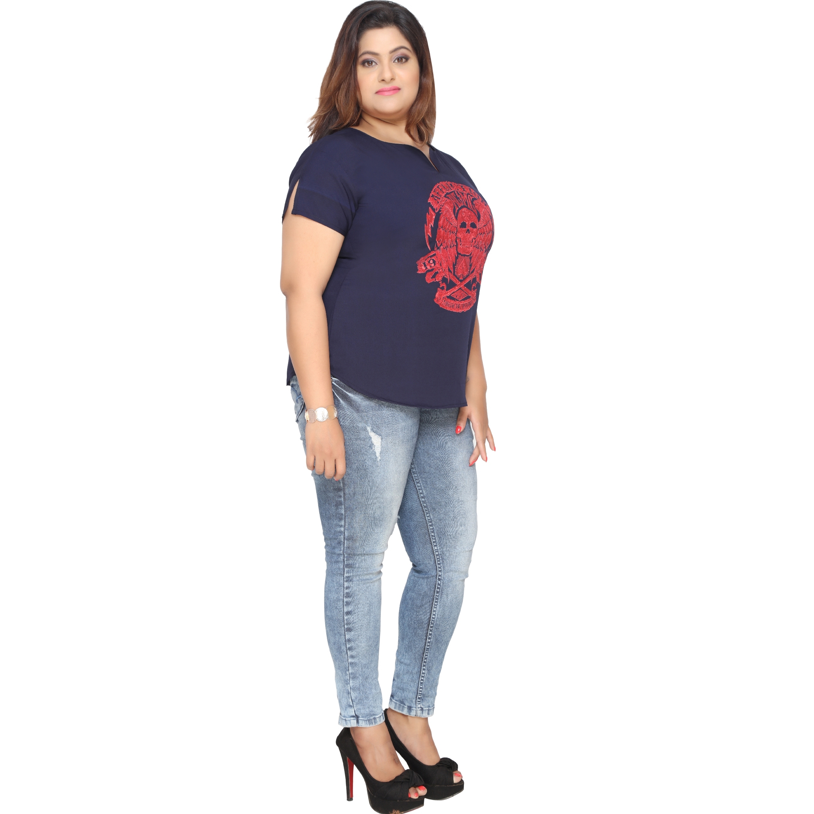 Plus Size Crepe Kurti - Navy With Red Embroidery, Round Neck, Hip Length | Elegant Design, Comfortable Fabric, Short Sleeves
