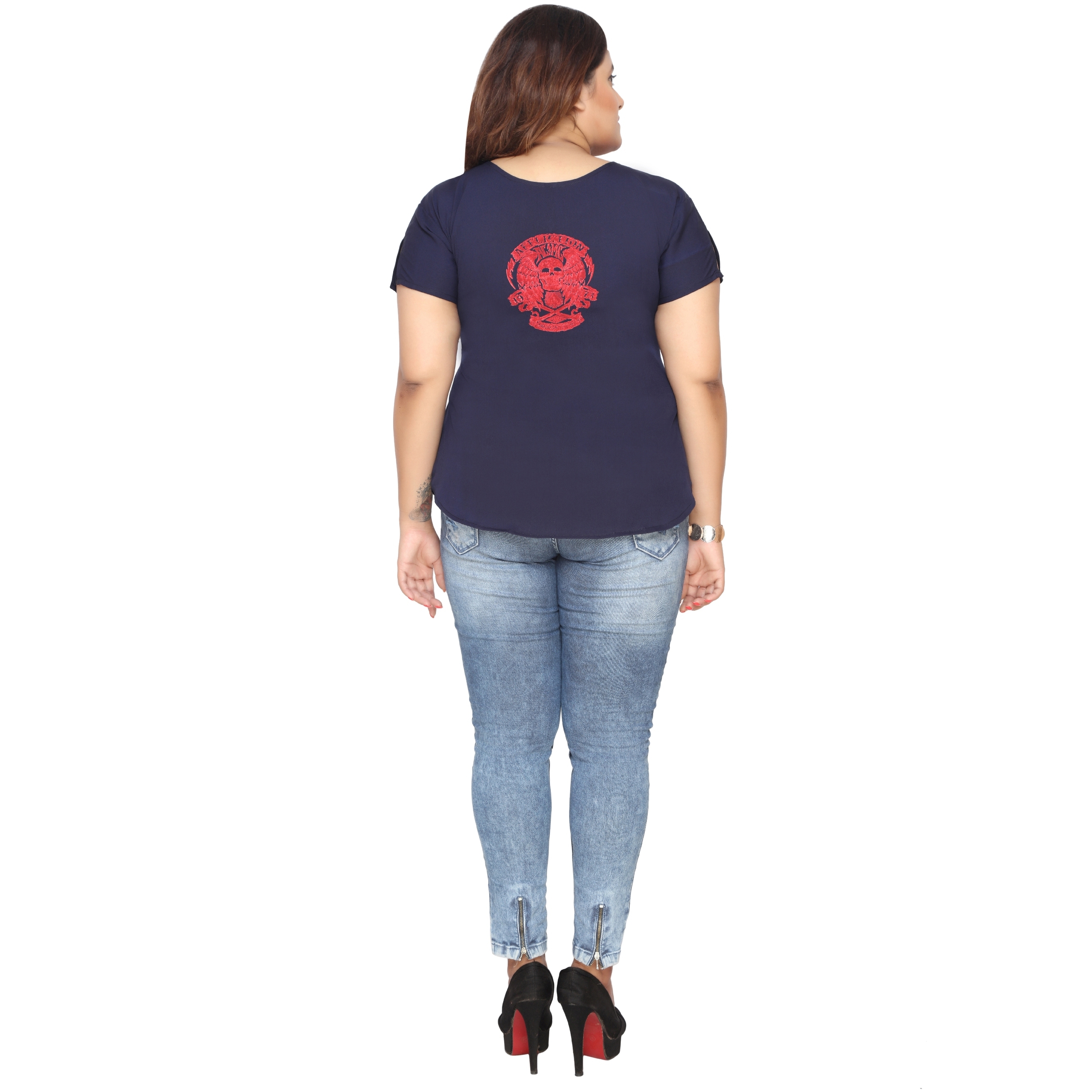 Plus Size Crepe Kurti - Navy With Red Embroidery, Round Neck, Hip Length | Elegant Design, Comfortable Fabric, Short Sleeves