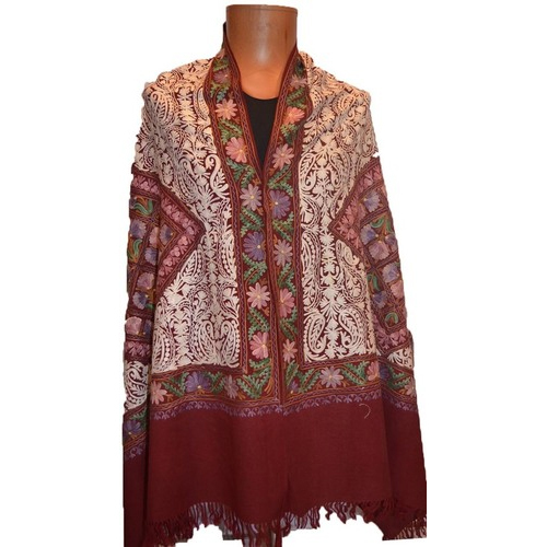 Woolen Aari Indian Shawls - 100% Wool, 80x200 cms | Hand Made, Embroidered Floral Design for Women