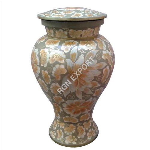 Metal Cremation Urn - Aluminium 10 Inch, Golden Carved Design with Vintage Modern Arts Finish