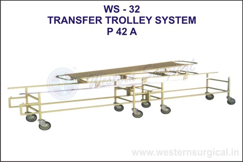 Transfer Trolley System - Stainless Steel Structure, Removable M.S. Sheet Top, 7" Diameter Wheels, Oxygen Cylinder Cage, IV Attachment with Saline Rod, Epoxy Powder Coated Finish
