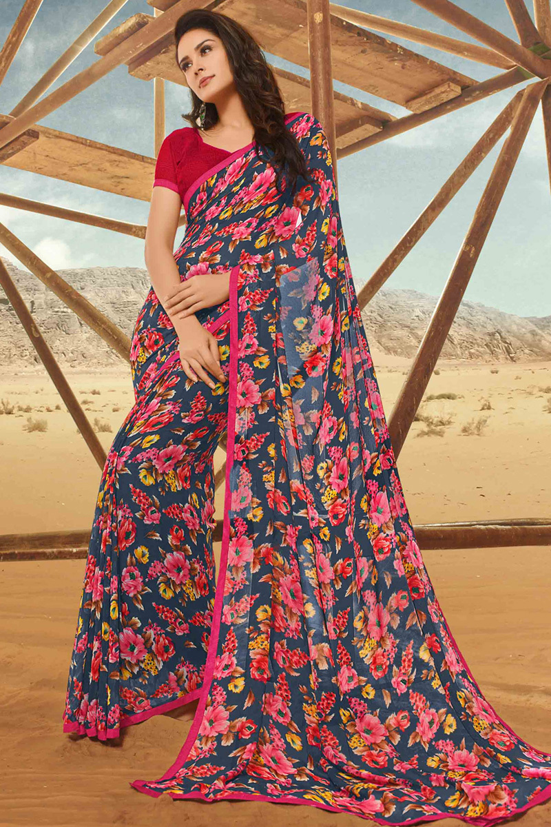 Georgette Printed Blouse Set - Signature-3 Fabric, Banglori Silk, Black Color, Georgette Material, Bollywood Style, Seasonal Versatility