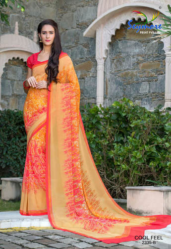 Fancy Printed Georgette Saree - Georgette Fabric, 5.5 Mtr + 0.80 Blouse, Cream Color | Bollywood Style, Fancy Print Border, Dry Clean Only