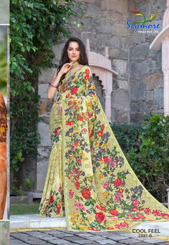 Fancy Printed Georgette Saree - Georgette, 5.5 Mtr + 0.80 Blouse, Green | Floral Pattern, Bollywood Style, Fancy Print Border, Dry Clean Only