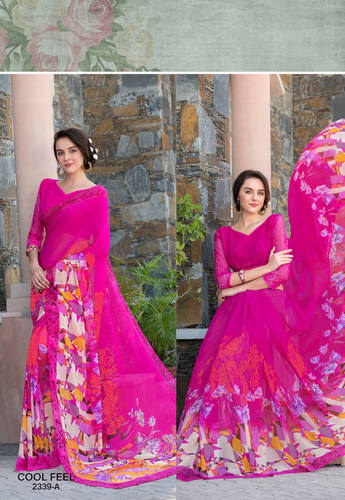 Georgette Printed Saree - 5.5 Mtr with 0.80 Mtr Blouse, Pink Fancy Border and Bollywood Style