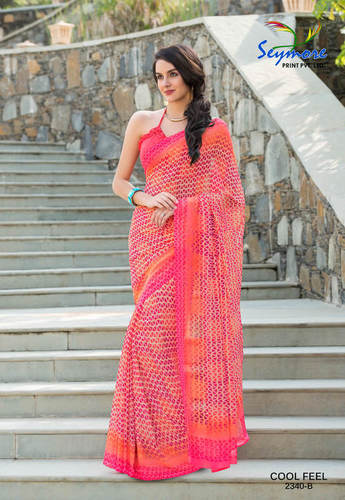 Printed Georgette Saree - 5.5 Mtr Length + 0.80 Mtr Blouse, Pink With Fancy Printed Border | Bollywood Style, Brocade Material, Dry Clean Only
