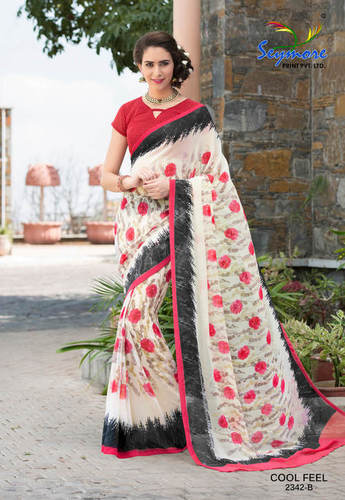 Block Print Saree - Georgette Fabric, 5.5 Mtr Length + 0.80 Mtr Blouse Piece, Off White Color, Floral Print, Fancy Print Border, Bollywood Style