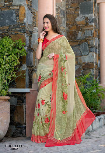 Georgette Designer Saree - Georgette Fabric, 5.5 Mtr Length + 0.80 Mtr Blouse, Cream Color, Floral Print, Bollywood Style with Fancy Printed Border