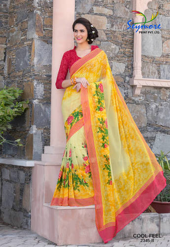 Fancy Printed Georgette Saree - 5.5 Mtr Length + 0.80 Mtr Georgette Blouse, Yellow Floral Pattern with Fancy Print Border, Bollywood Style