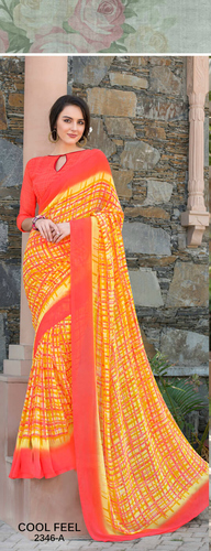 Digital Print Saree - Georgette Fabric, 5.5 Mtr + 0.80 Blouse, Yellow Color | Bollywood Style, Fancy Printed Border, Dry Clean Only