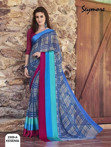 Regular Wear Printed Saree - Georgette Fabric, 5.5 Mtr Saree + 0.80 Blouse, Blue Color, Checked Pattern, Bollywood Style, Satin Patta Border