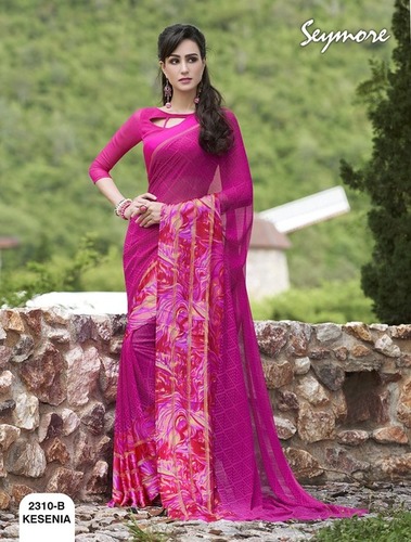 Printed Border Saree - Georgette Fabric, 5.5 Mtr Length + 0.80 Blouse, Pink Color , Bollywood Style with Checked Pattern and Printed Work
