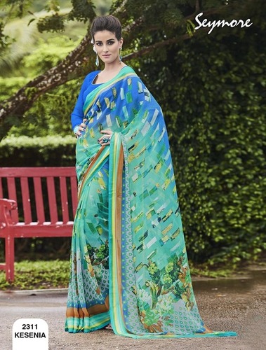 Digital Printed Saree - Soft Georgette 5.5 Mtr With 0.80 Blouse, Sky Blue Floral Print, Lightweight & Fade Resistant Design