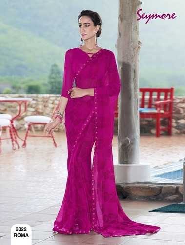 Trendy Designer Saree - Georgette Fabric, 5.5 Mtr Length + 0.80 Mtr Blouse, Mesmerizing Pink Color, Bollywood Style, Printed Pattern - Skin Friendly & Soft Texture