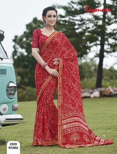 Georgette Casual Wear Saree - 5.5 Mtr + 0.80 Blouse | Red Printed Georgette, Bollywood Style, Easy Wash