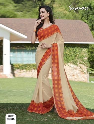 Evening Party Wear Saree - Georgette, 5.5 Mtr + 0.80 Blouse | Cream Color, Checked Pattern, Bollywood Style, Printed Fabric