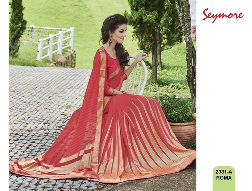 Trendy Party Wear Saree - Georgette 5.5 Mtr + 0.80 Blouse, Red Printed Design With Elegant Handwork And Soft Texture