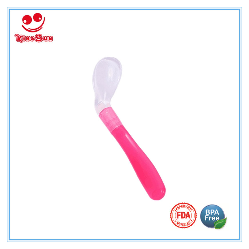 Yellow Red Curved Shape Silicone Feeding Spoon For Newborns