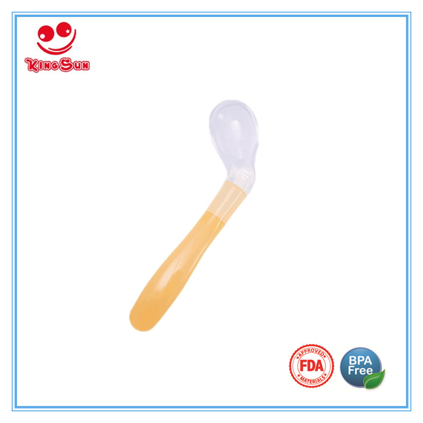 Yellow Red Curved Shape Silicone Feeding Spoon For Newborns