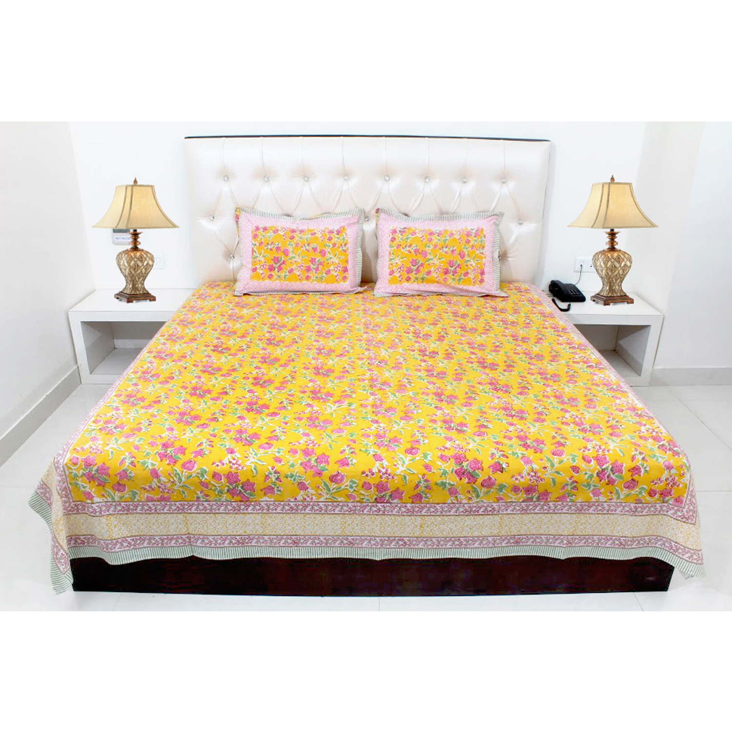 Cotton Printed Bed Sheet - 100% Cotton, Mustard Color | Elegant Design With 2 Pillowcases, Pre-washed Fabric For Durability And Comfort