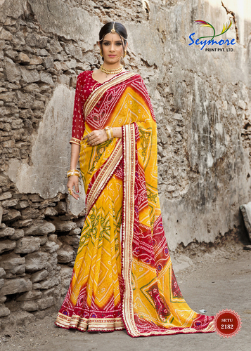 Lace Border Saree - Georgette Fabric, 5.5 Mtr + 0.80 Blouse, Yellow Color | Traditional Design With Lovely Heavy Lace Border Work