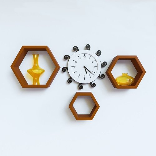 देसी कारीगर दीवार पर लगने वाली शेल्फ़ षट्भुज आकार के 3 भूरे वॉल शेल्फ़ का सेट