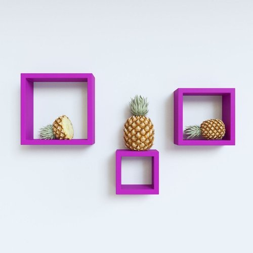 देसी कारीगर दीवार पर लगने वाली शेल्फ़ स्क्वायर शेप में 3 पर्पल वॉल शेल्फ़ का सेट