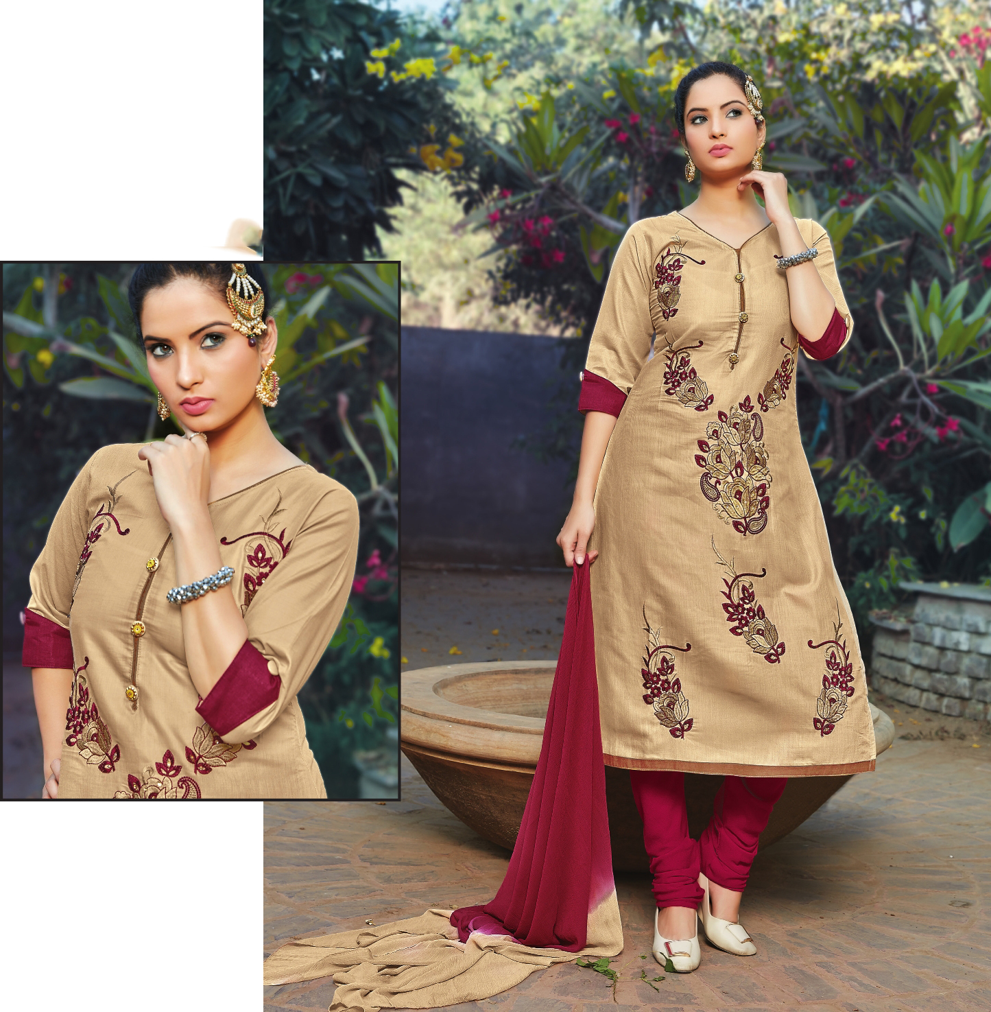 Salwar Kameez - Poly Cotton With Heavy Embroidery And Stones, Customized Size Up To 42"