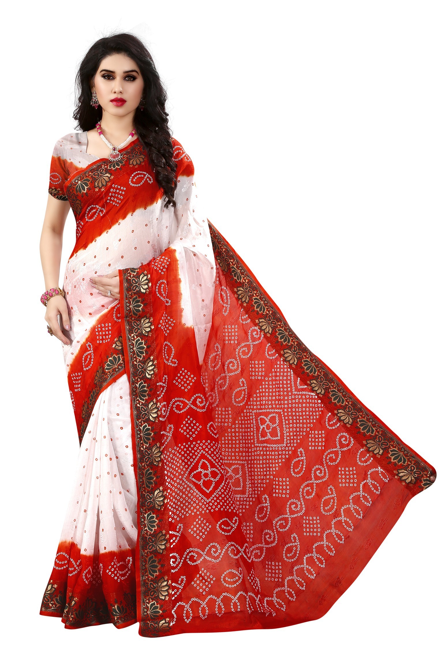 Bandhni Cotton Silk Stylish Saree - Lace Border, Customized Up To 40", Maroon & White | Traditional Design, All Season Wear, Handcrafted Elegance